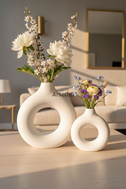 Arteliss Beyaz Halka Pampas Vazo İskandinav Tasarım İkili Set