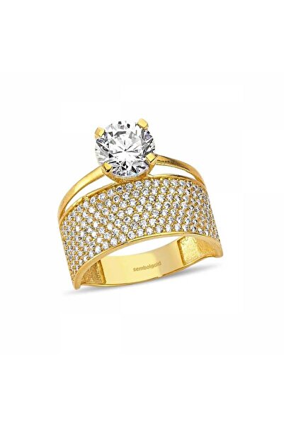 Sembol Gold Altın Tektaş Alyans Yüzük Sıra Taşlı İkisi Bir Arada