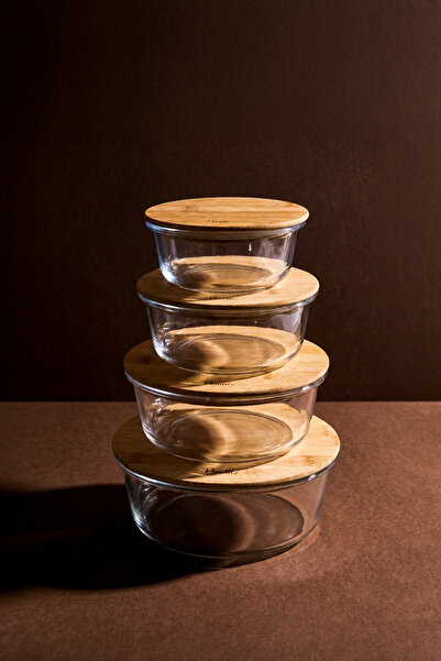 Perotti Locky Bamboo 4'lü Yuvarlak Cam Saklama Kabı Seti