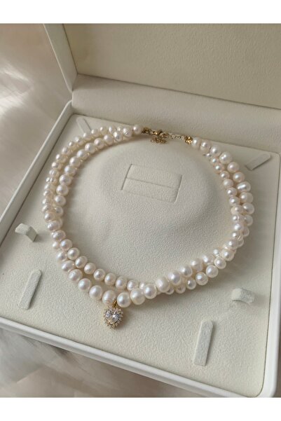 JOVİ ATELİER Gerçek Doğal Ikili Inci Kolye Çelik Bağlantı Aparatlı Altın Kapl...