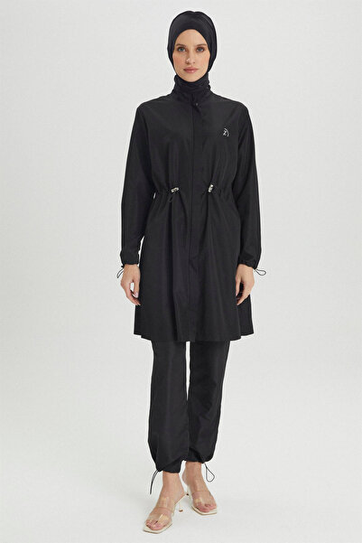 Zühre Bel Lastikli Tam Kapalı Mayo Siyah Plaj Giyim 0021