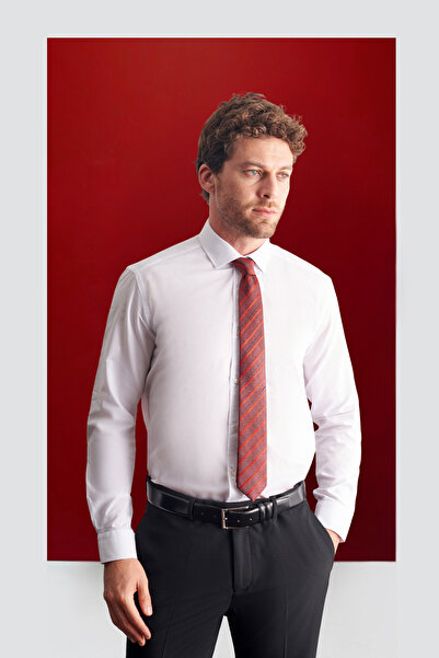 İmza Beyaz Yarım İtalyan Yaka Uzun Kol Easy To Iron Slim Fit Pamuklu Gömlek 1...