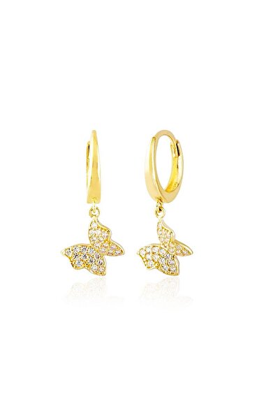 Sembol Gold Kelebek Altın Sallantılı Küpe 14K Gold Taşlı