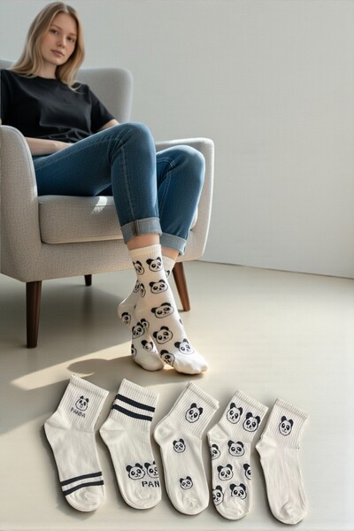 Esinti 5 Pairs Men's and Women's Panda Patterned Cotton Unisex White College ...