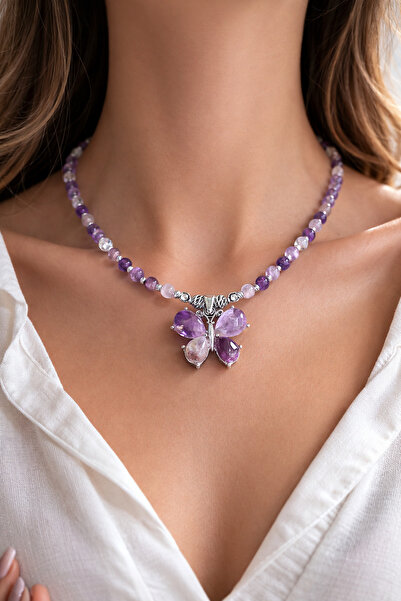 Efulim Hediyelik Ametist Kelebek Kolye, Doğal Taş Mor Kolye, Zarif Tasarım