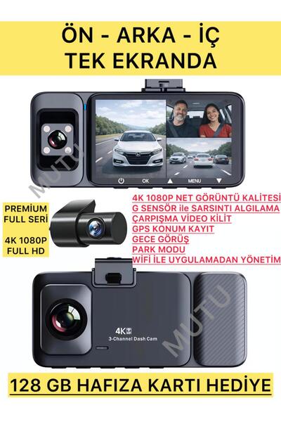 MUTU K02 PROMAX 4K 1080P Full HD 3 Kameralı GPS G Sensör Wifi Gece Görüş Ön A...