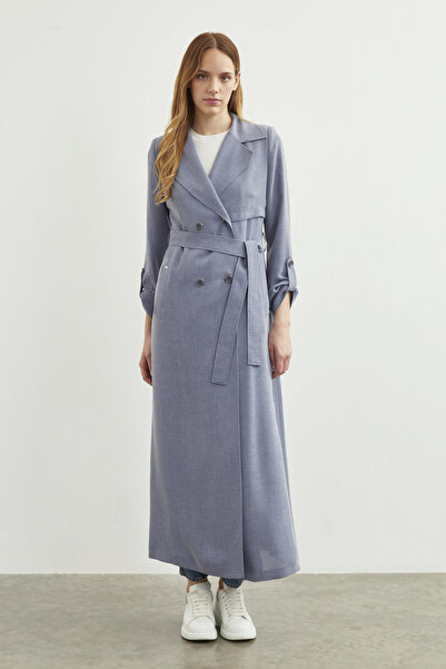 Zühre Kruvaze Yaka Kol Detaylı Indigo Pardesü 13444