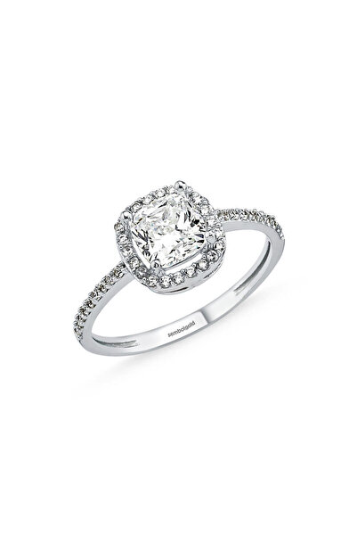 Sembol Gold Beyaz Altın Tektaş Yüzük Baget Taşlı