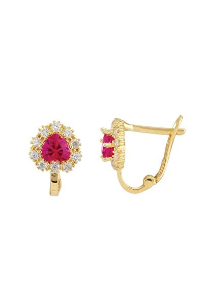 Sembol Gold 14 Ayar Altın Kırmızı Taşlı Kalp Çocuk Küpe