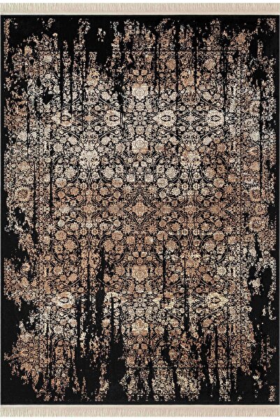 Karmen Halı Diamente DM004S Siyah Bej Modern Klasik Desen 100 Tarak Bambu Vis...