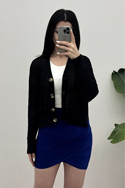HİJABAYA Openwork Bone Buttoned Slit Cardigan