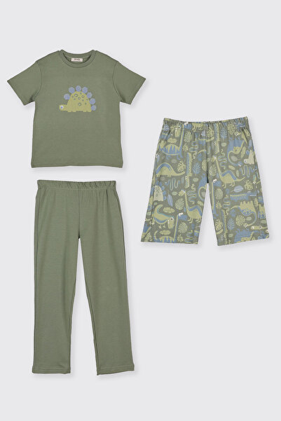 Panço Erkek Çocuk Baskı Detaylı Yeşil 3'lü Pijama Takım