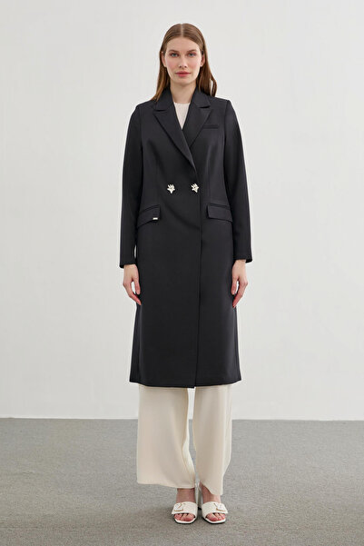 Zühre Kruvaze Yaka Uzun Siyah Ceket 0089