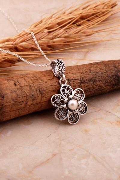 Sümer Telkari İnci Taşlı Telkari İşlemeli Gümüş Çiçek Kolye 7996