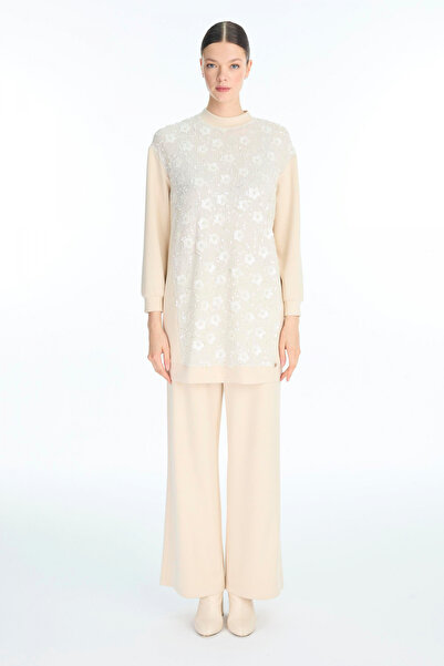 Zühre High Collar Floral Patterned Double Beige Suit 1726