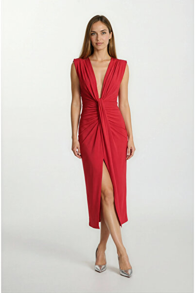 Spazio Onisto Omuz Pileli Önü Derin V Uzun Abiye Elbise KIRMIZI