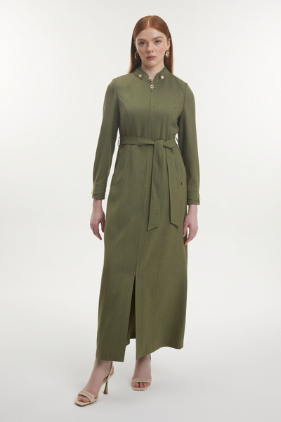 Zühre Collar Detailed Zippered Belted Dark Beige Khaki Overcoat 13789