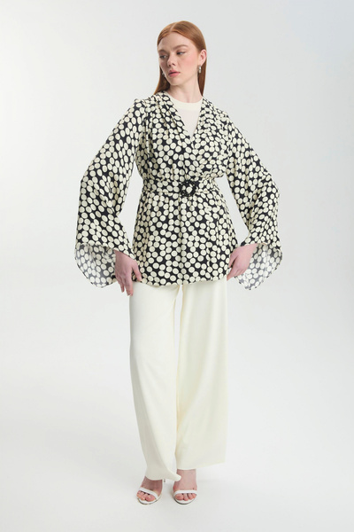 Zühre Puantiye Desenli Kemerli Üçlü Kombin Ekru Takım 1495