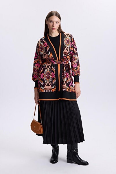 Zühre Etnik Desenli Bel Bağlamalı Oranj Hırka 0012