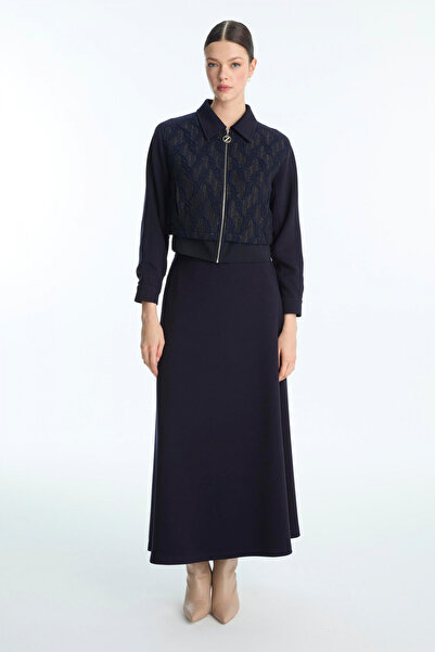 Zühre Desenli Fermuarlı Ceket Etek Ikili Lacivert Takım 1710
