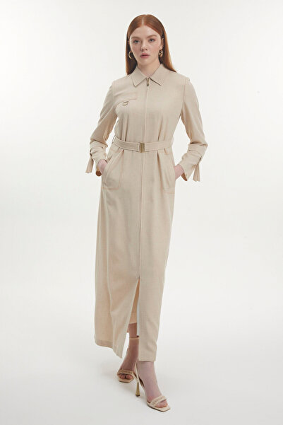Zühre Gömlek Yaka Fermuarlı Kemerli Bej Pardesü 13781