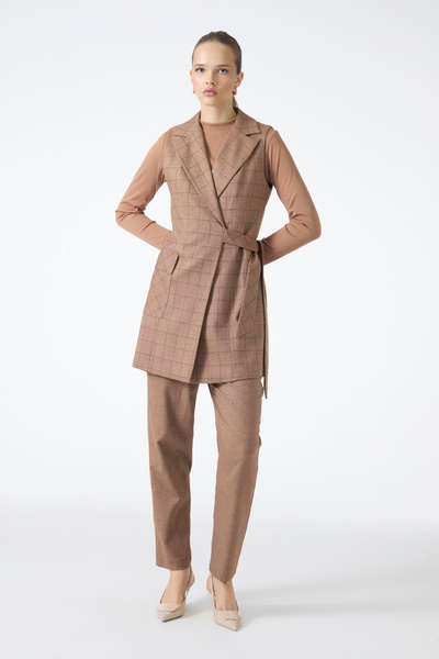 Zühre Ekose Desenli Üçlü Kombin Taba Takım 1050