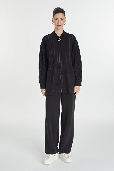 Zühre Taş Işleme Detaylı Fermuarlı Ikili Siyah Takım 1456