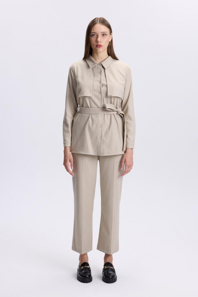 Zühre Düğme Detaylı Bel Bağlamalı Ikili Bej Takım 1359
