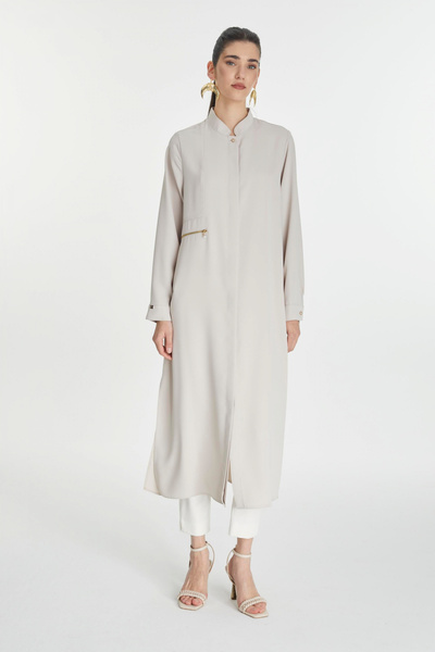 Zühre ياقة هاكيم بتفاصيل سحاب، تونيك طويل باللون البيج 1579