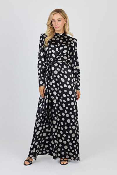 Zühre Puantiye Desenli Taş Işlemeli Siyah Elbise 0503