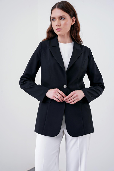 Zühre Blazer cu guler dublu și un singur nasture, jachetă neagră 0070