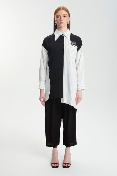 Zühre Çizgili Aksesuar Detaylı Ekru Tunik 1587