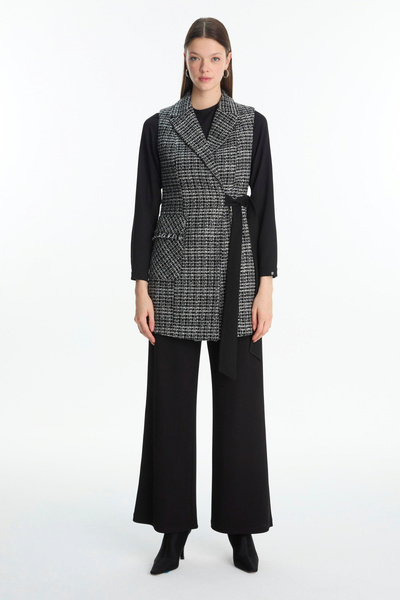 Zühre Tweed Desenli Kuşak Detaylı Ikili Siyah Takım 1389