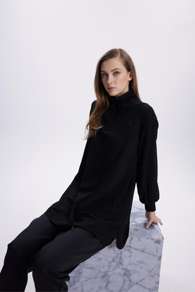 Zühre Taş Işlemeli Fermuar Yaka Siyah Tunik 1494