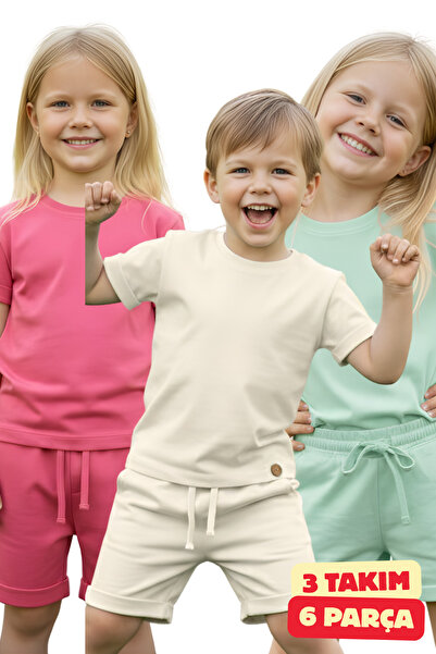 difa kids طقم أطفال مكون من 3 قطع - طقم صيفي بأزرار خشبية باللون الوردي والنع...