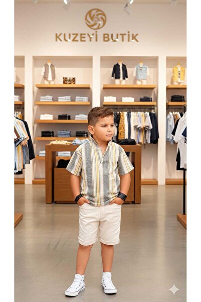 Kuzeyi Butik طقم قميص وشورت صيفي للأولاد من القطن بنمط إيراني من Bayramlik