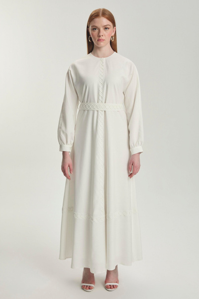 Zühre Halka Motifli Kuşaklı Ekru Elbise 0495