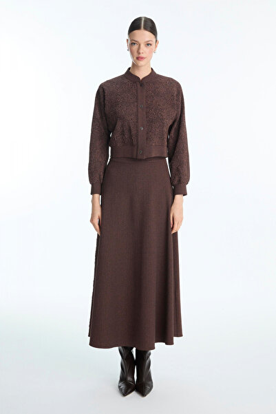 Zühre Jakar Desenli Ceket Etek Ikili Kahve Takım 1681
