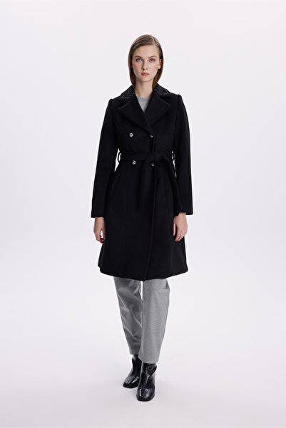 Zühre Kruvaze Yaka Kemerli Kaban Siyah 13664