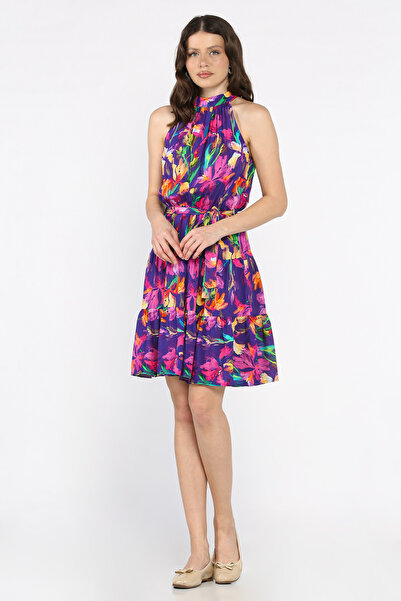 azragül giyim Çiçek Desenli Halter Yaka Elbise