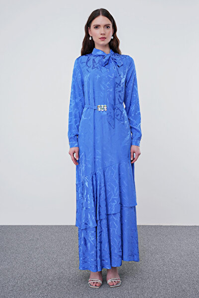 Zühre Fiyonk Yakalı Desenli Uzun Lavanta Elbise 0373