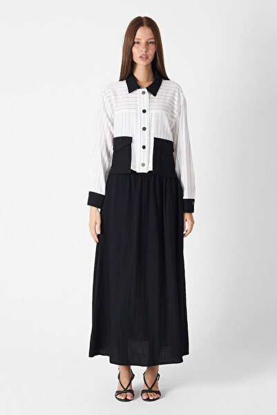 Zühre طقم قميص بجيب على شكل ياقة وتفاصيل مفصلة باللونين الإكرو والأسود 1617