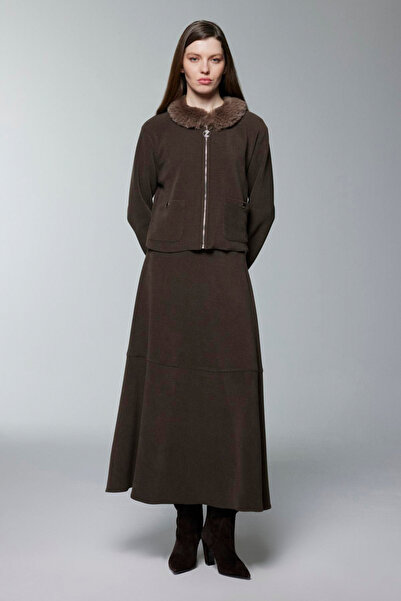 Zühre Fur Collar Zippered Jacket Skirt Double Set Khaki 1730