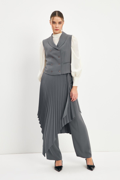 Zühre Pileli Asimetrik Yelekli Kombin Antrasit Takım 1372