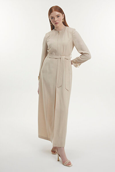 Zühre Kolu Zincir Detaylı Fermuarlı Koyu Bej Bej Pardesü 13799