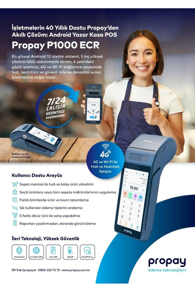 propay P1000 Ecr Android Yazarkasa Pos 4g ve Wifi (Kurulup Kargoya Verilir