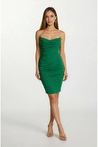 Spazio Cafagna Degaje Yaka Straplez Kısa Abiye Elbise YEŞİL