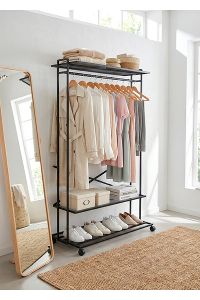Uyan Ev Ürünleri 2 YÖNLÜ 3 RAFLI TEKERLEKLİ SİYAH METAL ASKILIK ELBİSE ASKILI...