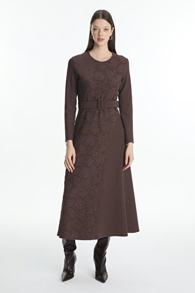 Zühre Belted Jacquard Detailed Brown Dress 0535