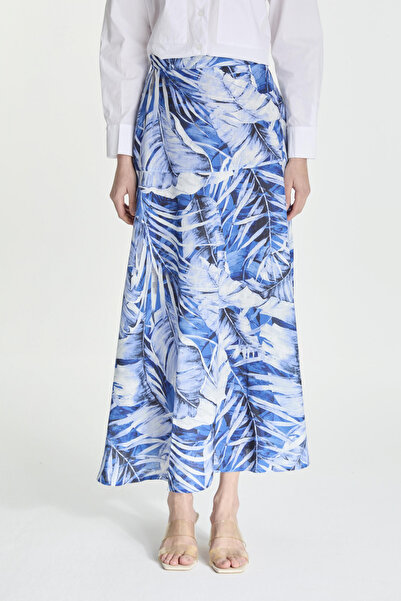 Zühre Yaprak Desenli Uzun Mavi Etek 0150